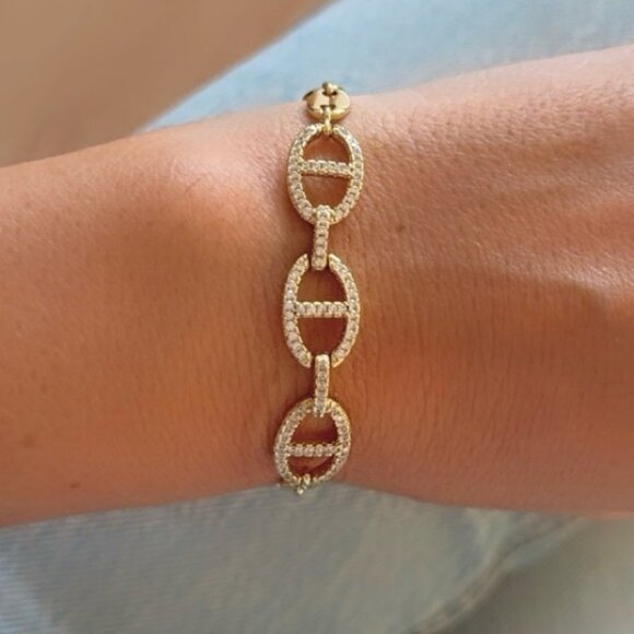 14K Gold Plated Mariner Link Chain Bracelet | Adjustable Waterproof Jewelry - Picture 1 of 13